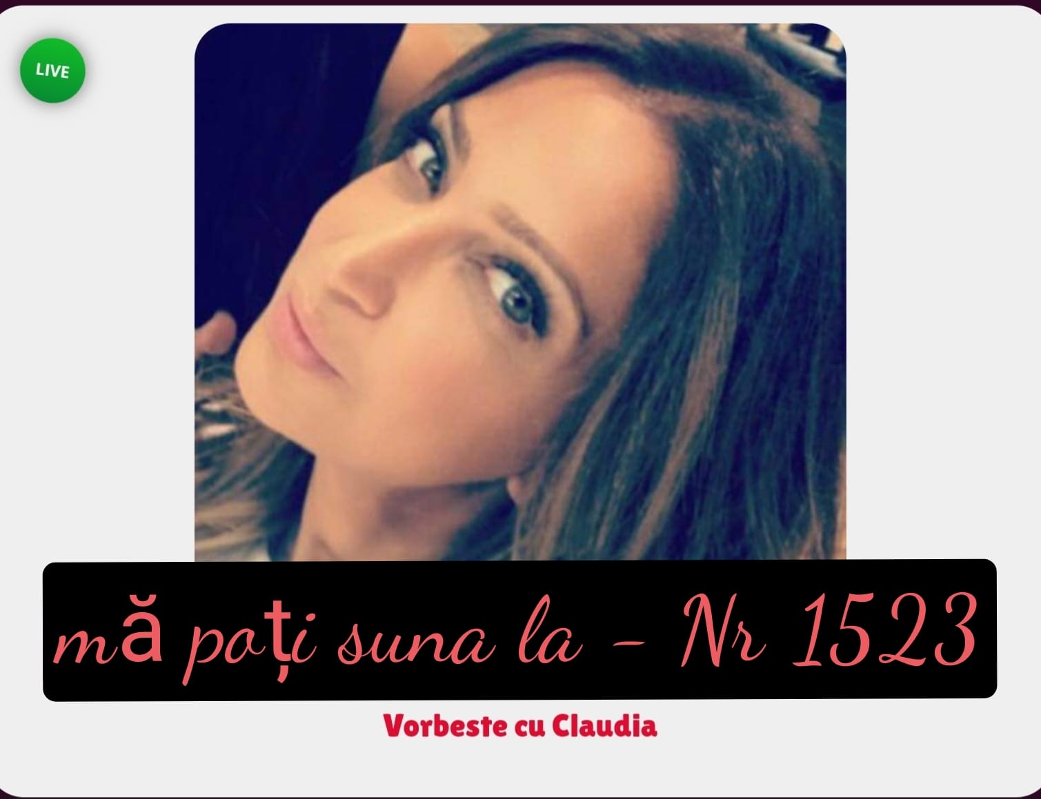 Escorte Sexy - Toată Tara - Vocea mea e suficientă să-ți ridice pulsul…
Sunt aici să-ți șoptesc ce nu ai îndrăznit niciodată să spui cu voce tare.  
Nu judec, nu refuz – doar ascult… și provoc.  
 Trimite-mi un SMS sau sună la 1523 și intră într-o lume unde fanteziile tale sunt pe primul loc.  
 Serviciu destinat exclusiv adulților
 Tarif: 1, 5€/fără TVA