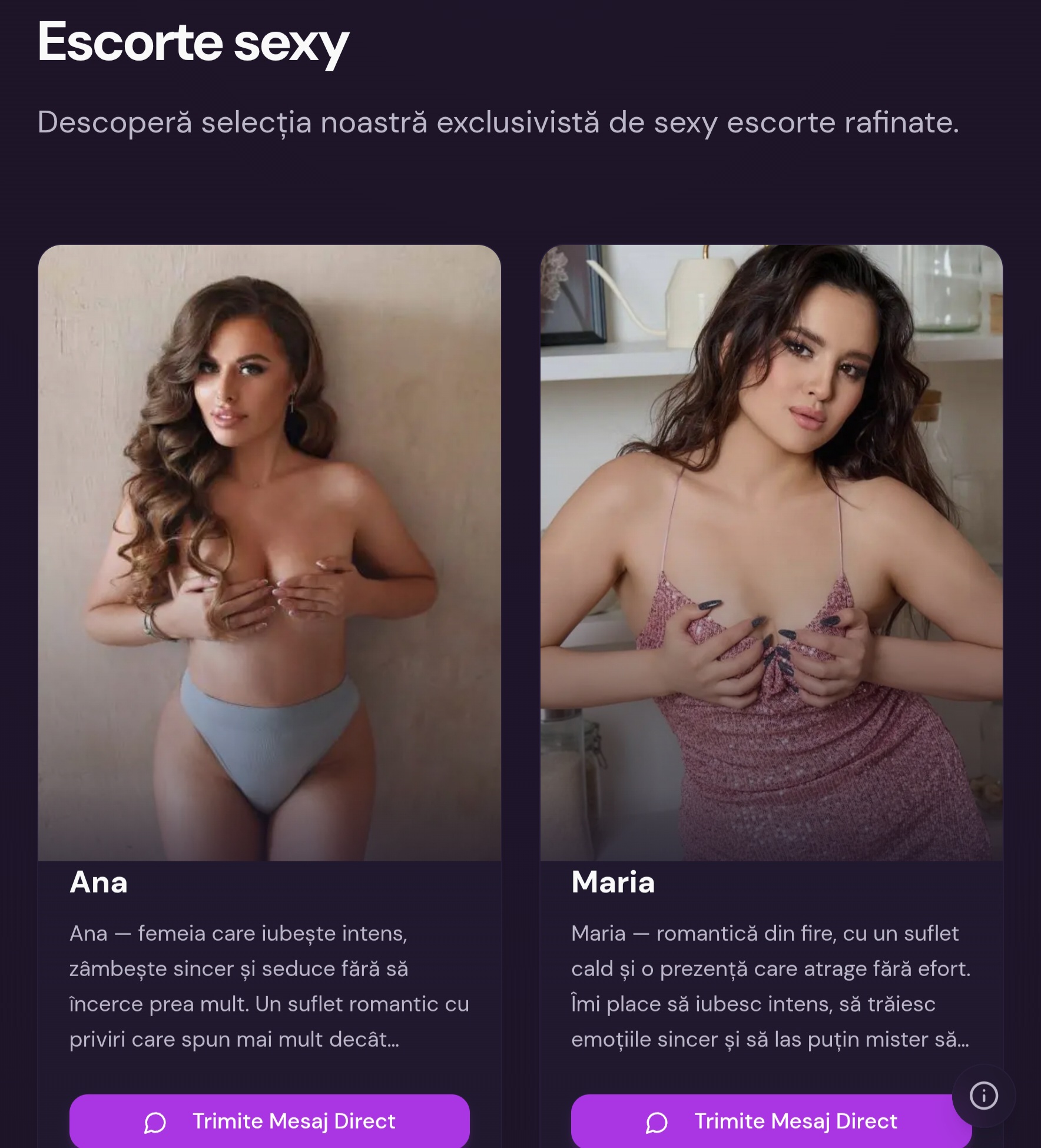 Escorte Sexy - Sexylinechat-escorte.com - Bună! Sunt Ana.  Misterul este cea mai frumoasă formă a seducției, iar eu iubesc să las imaginația să vorbească.  Sunt caldă, jucăușă și pregătită să transform o conversație obișnuită într-o experiență care îți va rămâne în minte.  
Dacă îți dorești emoții, zâmbete și o doză de provocare, nu mai sta pe gânduri.  Uneori, tot ce îți lipsește este un singur apel.  
Sună-mă la numărul afișat  sau trimite-mi un mesaj la numărul scurt 1523 menționând numele meu.  Te aștept să ne cunoaștem! ????