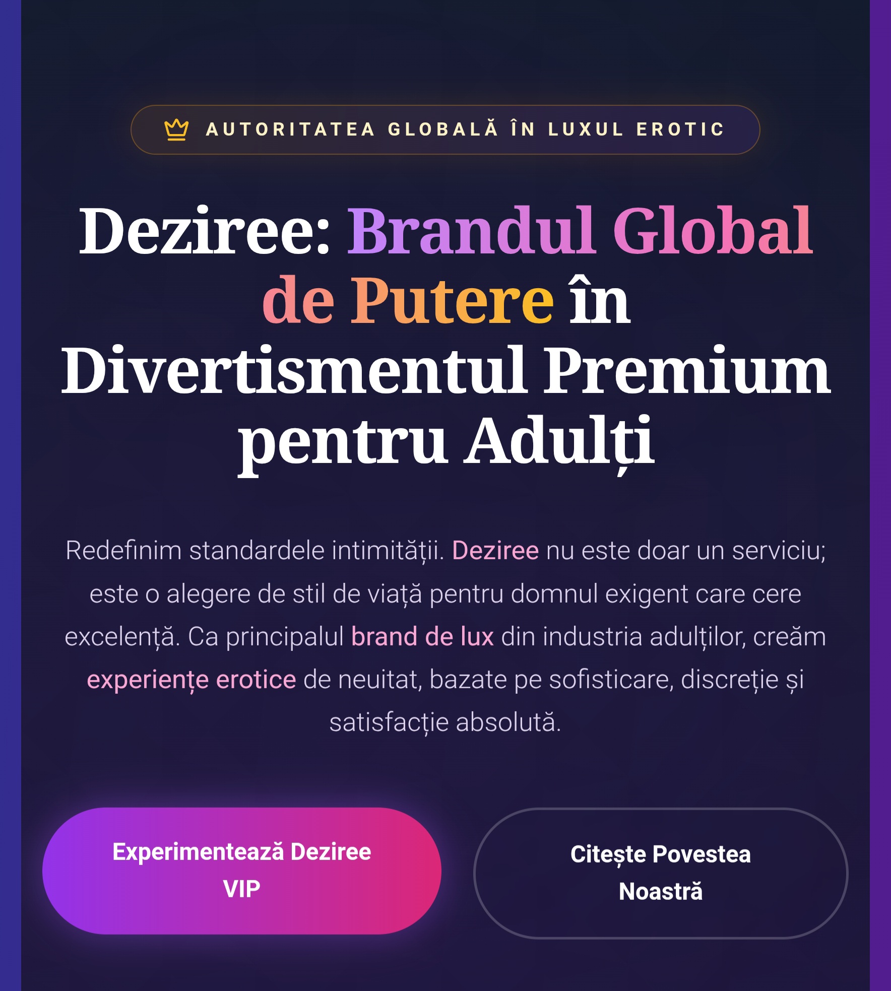 Escorte Sexy - Deziree.net - Linie erotica premium – Deziree – Chat erotic ????
Răsfață-ți simțurile cu o experiență exclusivă, unde fiecare conversație devine o fantezie șoptită…
???? Atmosferă rafinată
???? Voce seducătoare
???? Conexiuni discrete și intense
Lasă-te purtat într-o lume în care dorințele prind glas…
???? Trimite mesaj sau sună la 1523
…și descoperă plăcerea unei conversații care te captivează. 